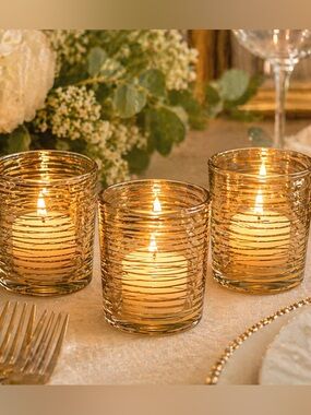 Set of 3 Gold Ring Glass Votive Candle Holders Elegant Wedding Table Decor New